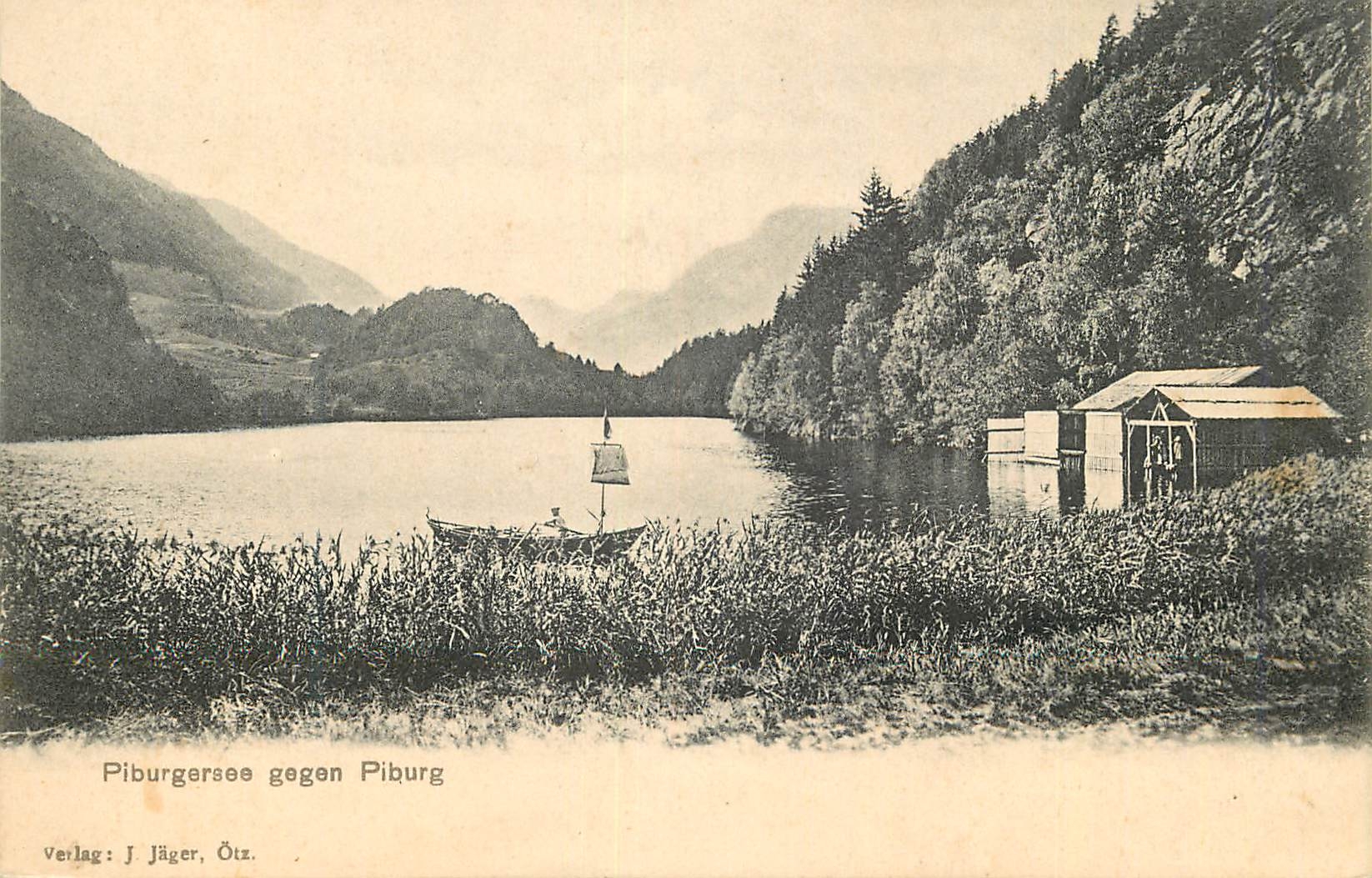 Piburgersee bei Piburg — Seenansicht mit Boot und Hütte — Verlag J. Jäger, Ötz