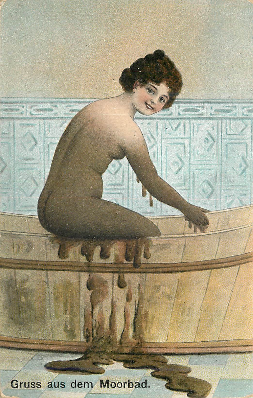 Femme nue dans un bain de boue — Gruss aus dem Moorbad — Union postale universelle