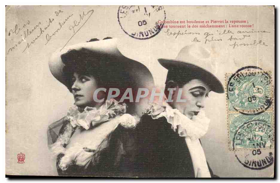 Fantaisie CPA Colombine est boudeuse et Pierrot la repousse (couple)