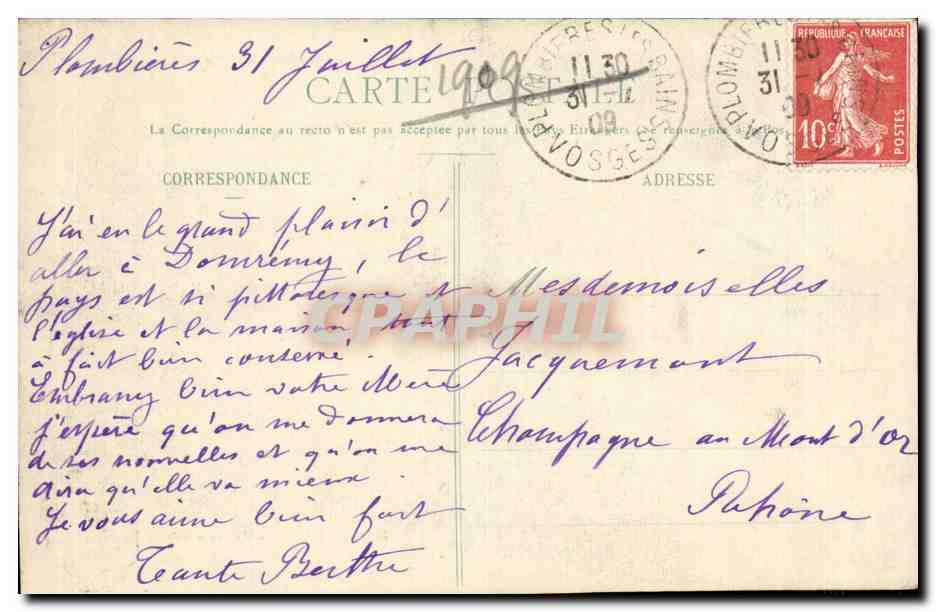 Domrémy — Maison natale de Jeanne d'Arc et Statue de Mercié — Phototype Paul Testart, Epinal — Achterkant