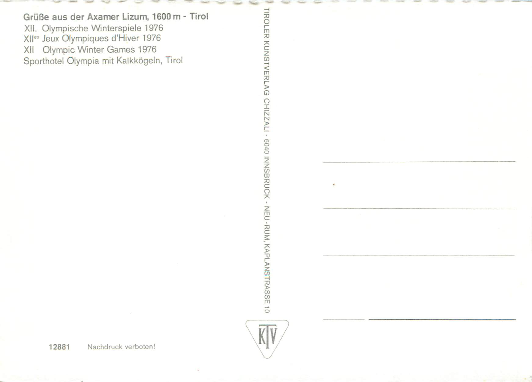 CPM Tirol grube aus der axamer lizum 1600 m XIIe peux olympiques d'hiver 1976 — Rückseite