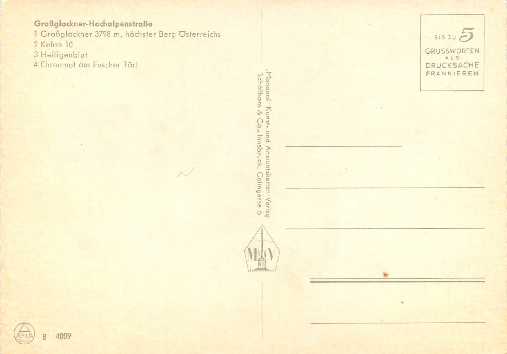 CPM Tirol grobglockner 3798 hachster berg osterreichs kehre 10 — Rückseite