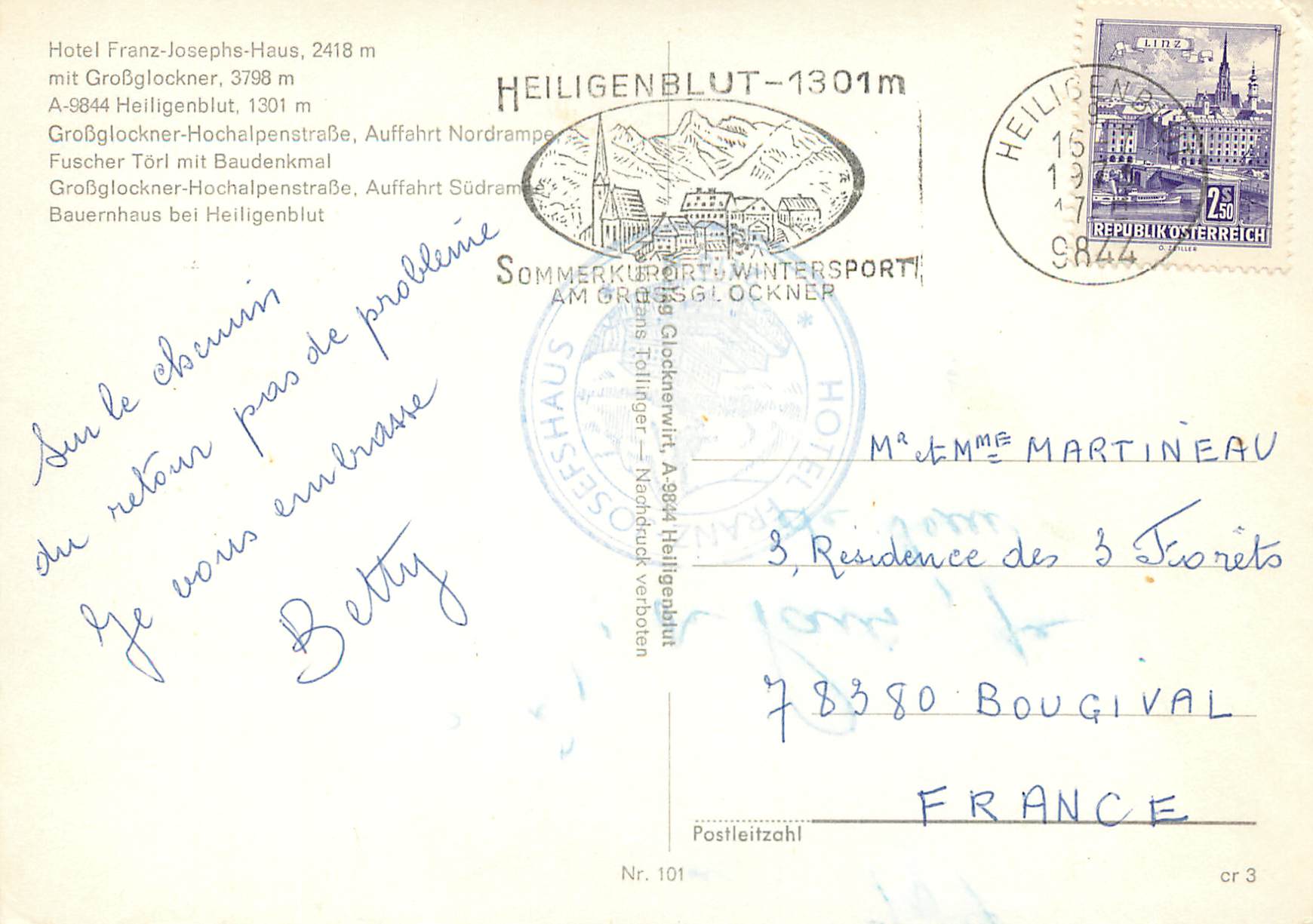 CPM Osterreich hotel franz josephs haus 2418 mmit grobglockner 3798 m — Rückseite
