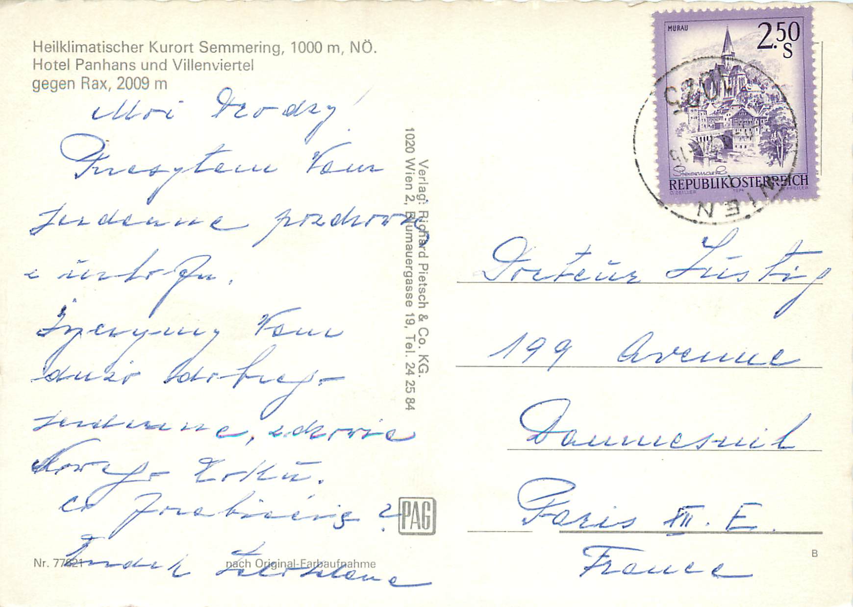 CPM Osterreich heiklimatischer kurort semmering 100 m hotel panhaus und villenviertel gegen rax 2009 m — Rückseite