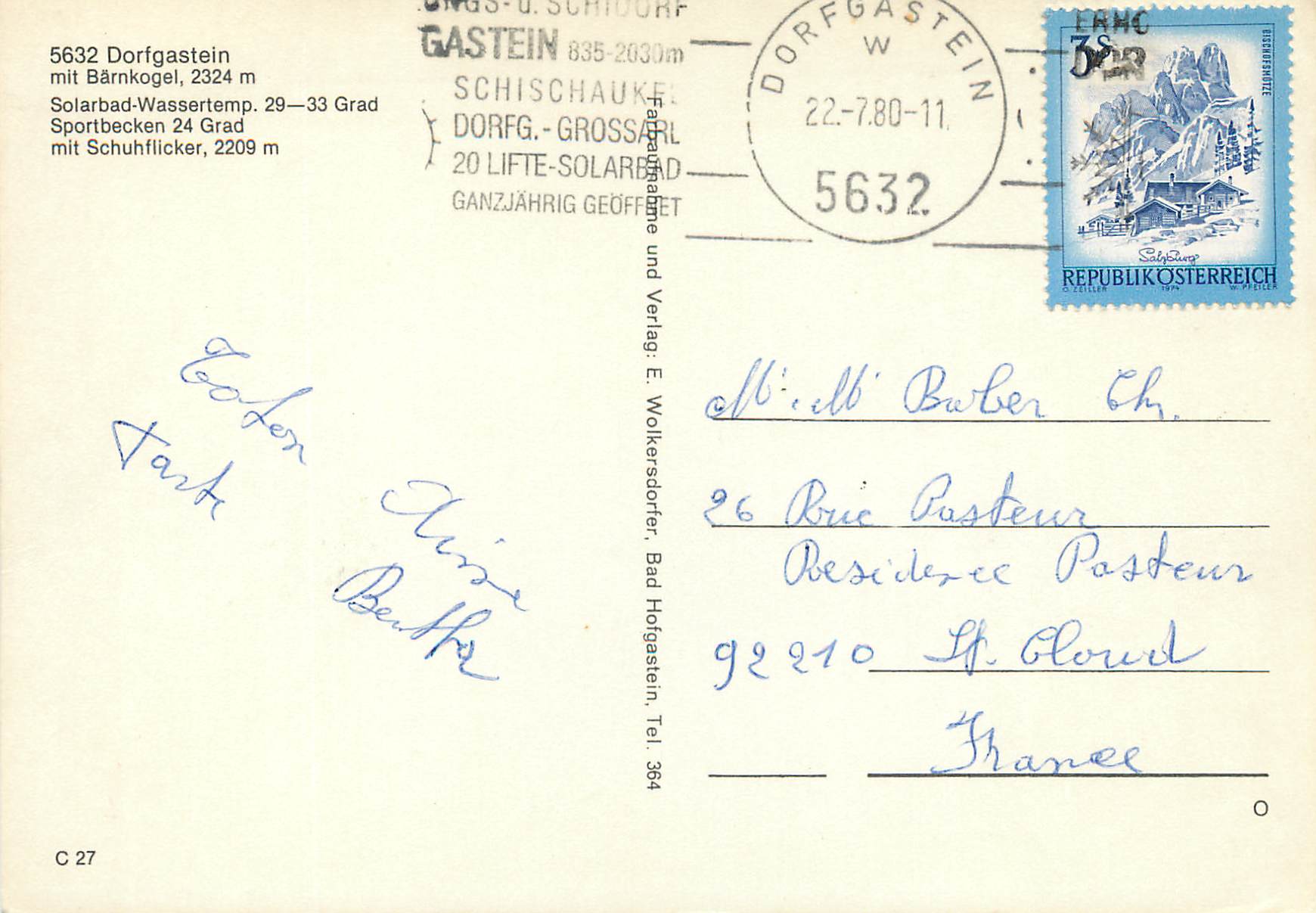 CPM Osterreich dorfgastei mit barnkogel 2324 m — Rückseite