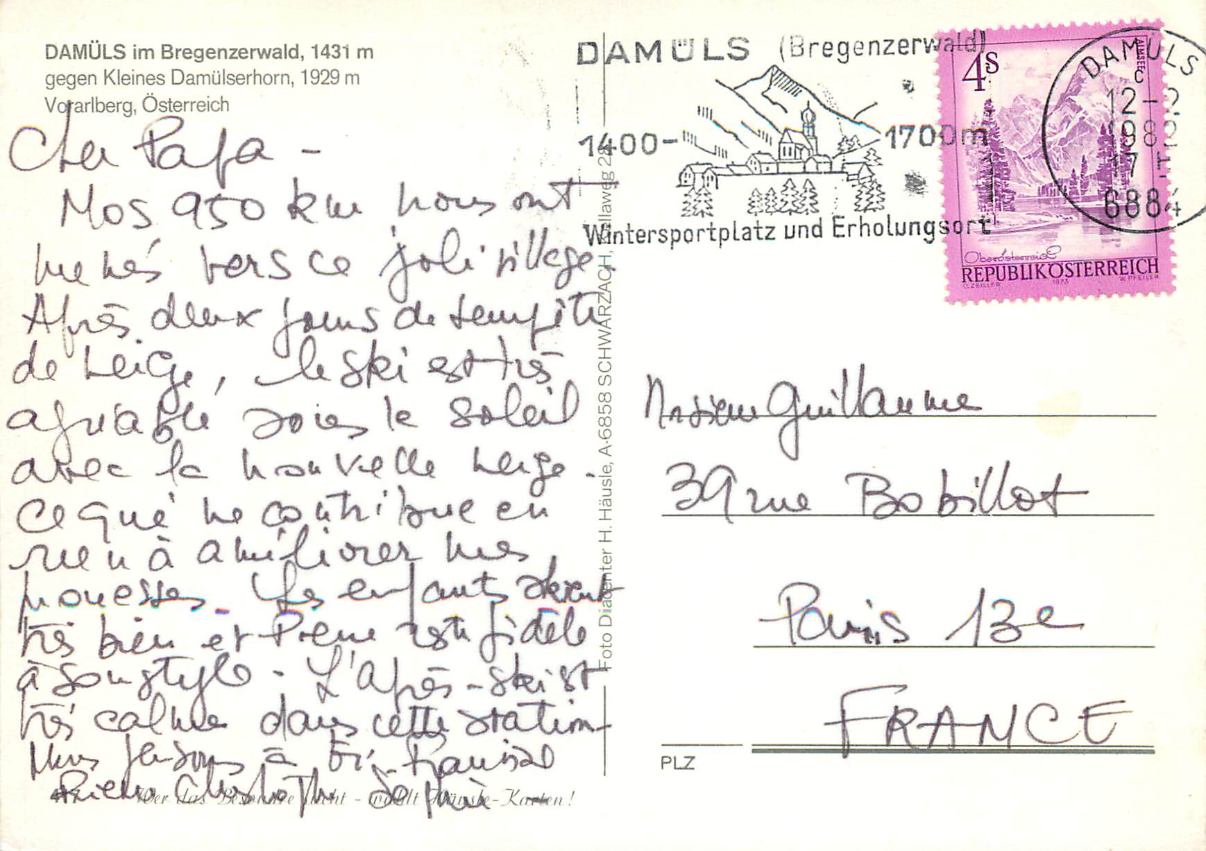 CPM Osterreich damuls im bregenzewald 1431 m gegen kleines damulserhorn 1929 m vorarlberg — Rückseite