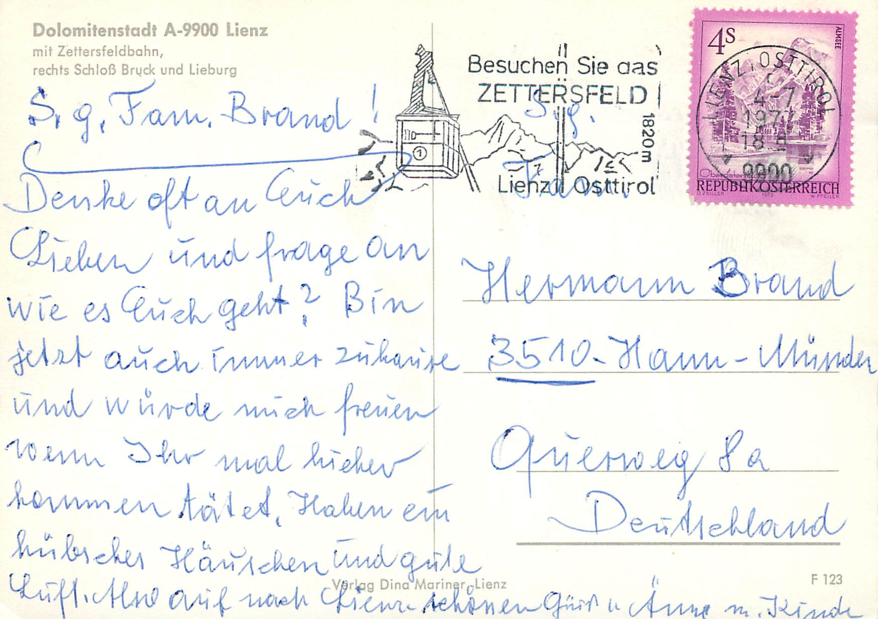 CPM Osterreich tirol dolomitenstadt a 9900 lienz mit zettersfeldbahn rechts schlob bruck und lieburg — Rückseite