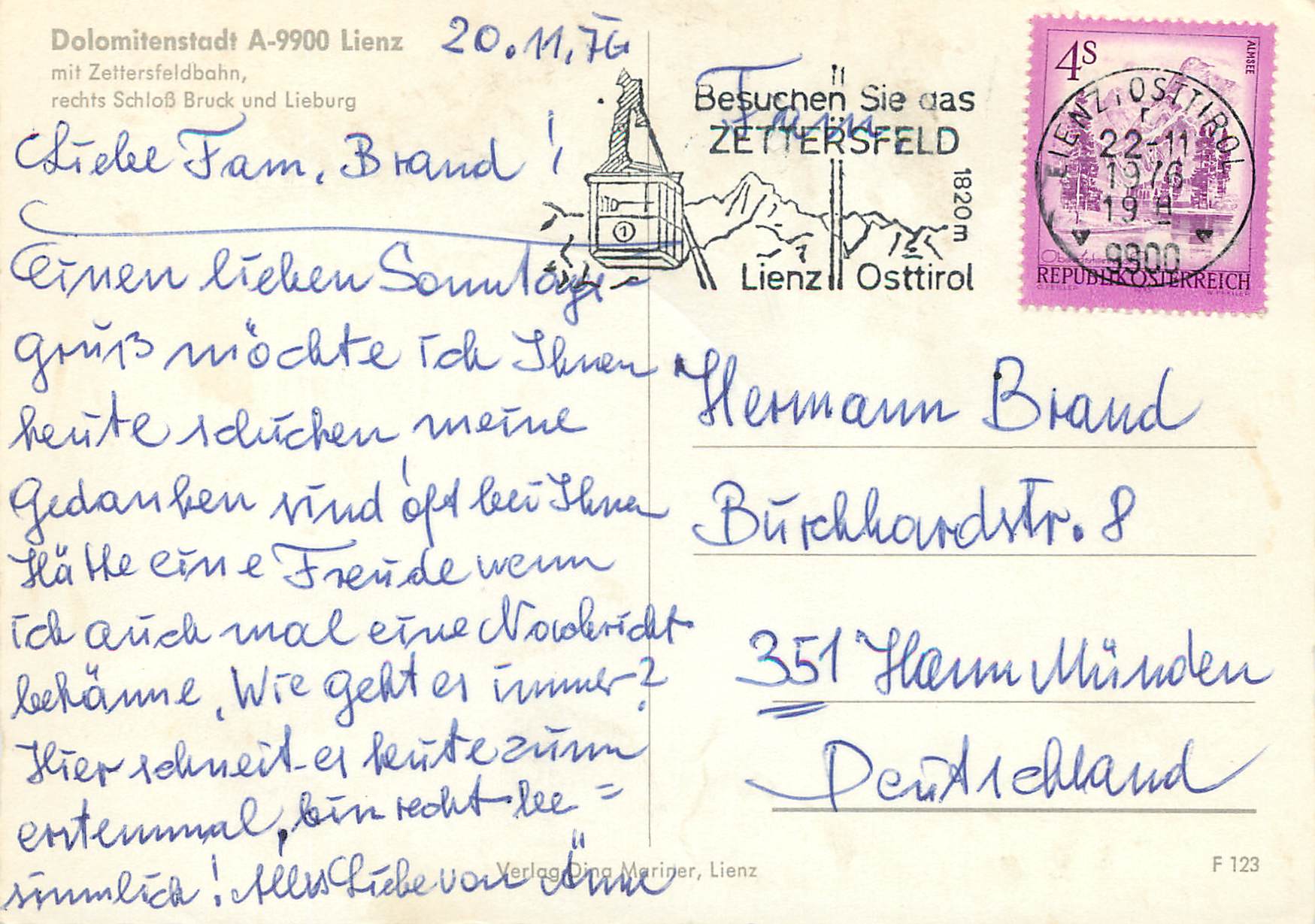CPM Osterreich dolomitenstadt 9900 lienz mit zettersfeldbahn rechts schlob bruck und lieburg — Rückseite