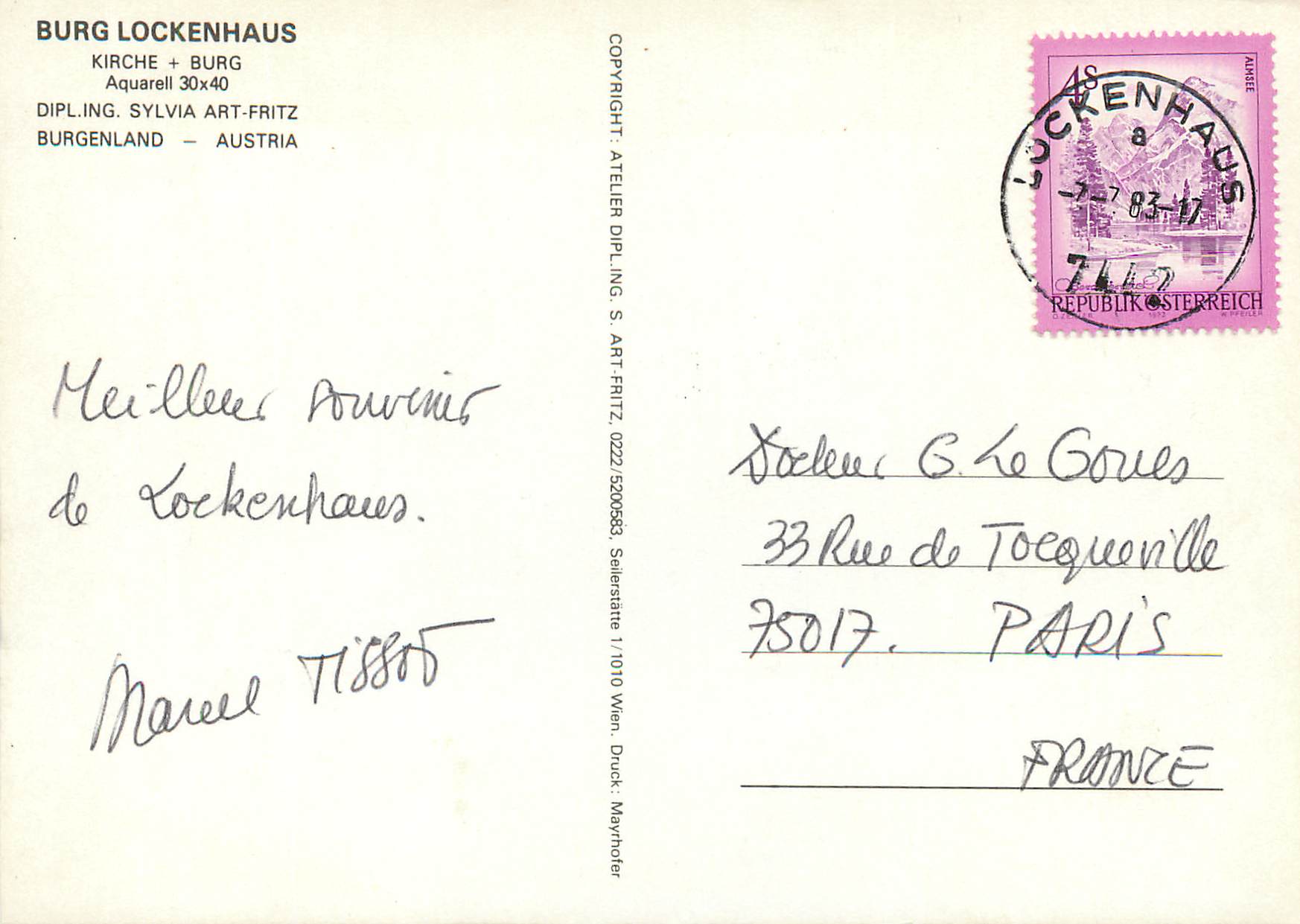 CPM Osterreich burglockenhaus kirche burg aquarel 30*40 dipling sylvia art fritz — Back