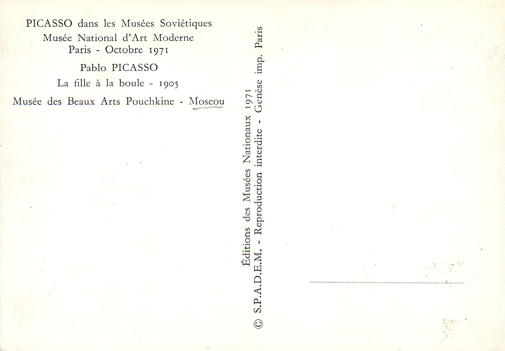 CPM Picasso dans les musees sovietiques musee nationale d'art moderne paris oct 1971 — Verso