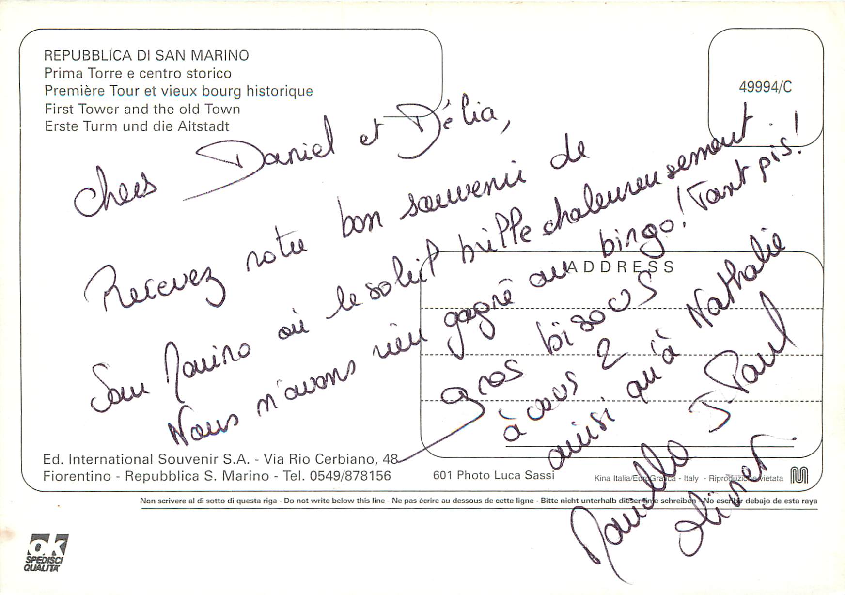 San Marino — Première Tour et vieux bourg historique — Ed. International Souvenir S.A. — Rückseite