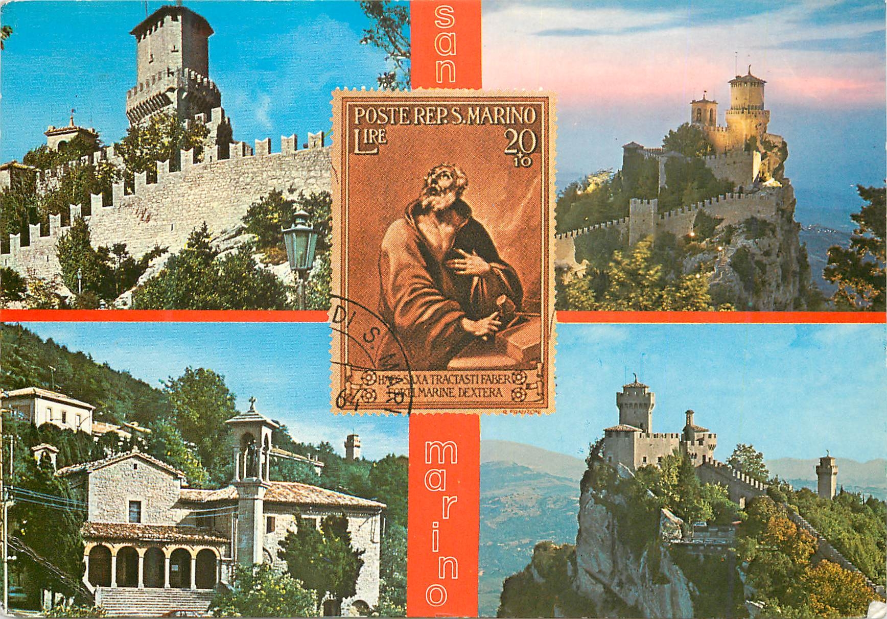 San Marino — vue panoramique avec timbre postal — éditeur Pama-Graphicolor