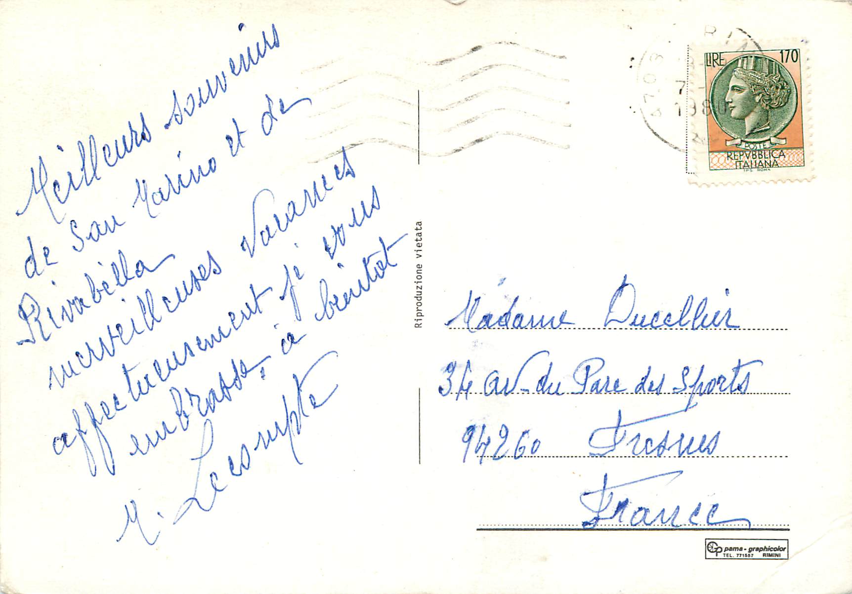 San Marino — vue panoramique avec timbre postal — éditeur Pama-Graphicolor — Reverso