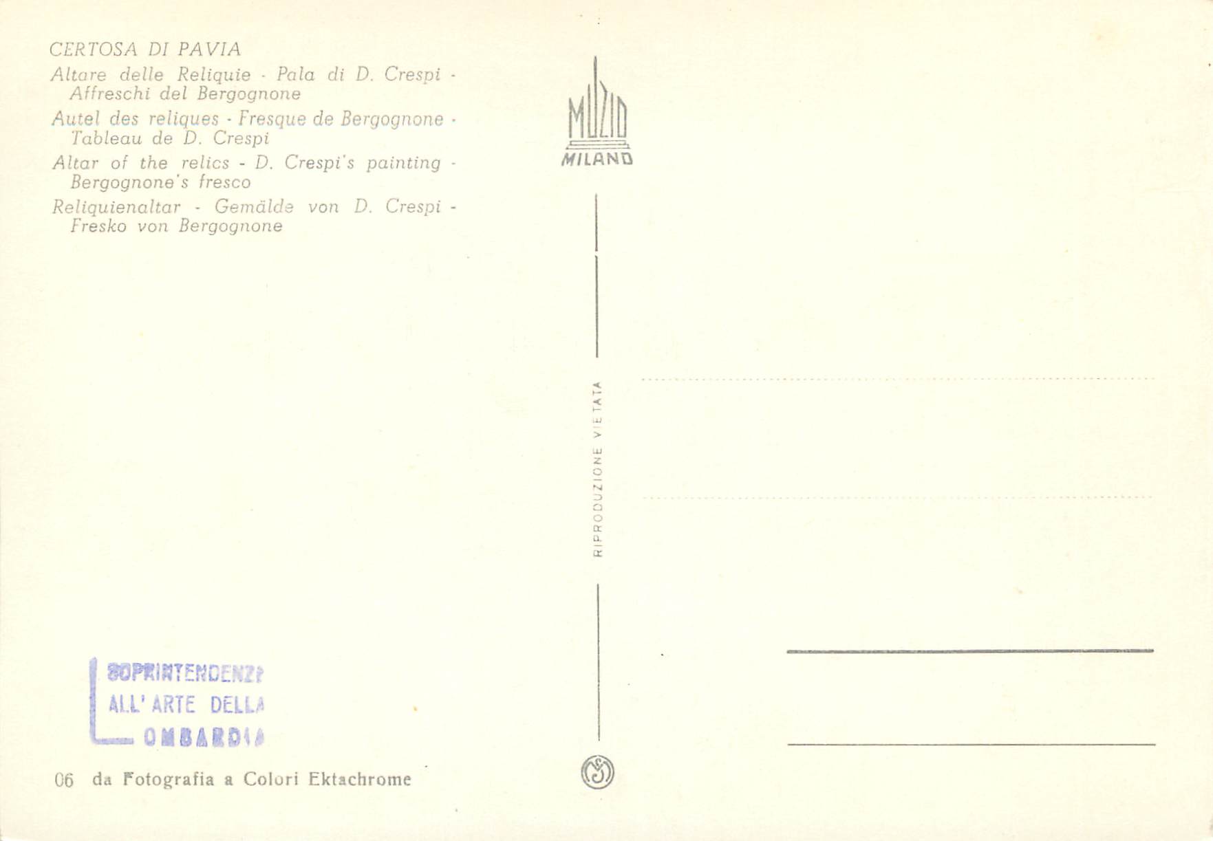 CPM Certosa di Pavia Autel des reliques — Rückseite