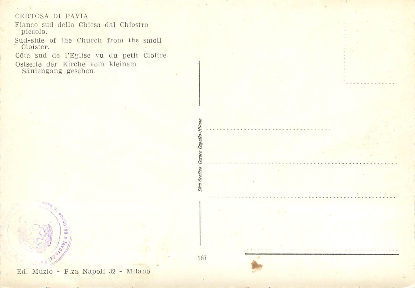 CPM Certosa di Pavia Cote sud de l'Eglise vu du petit Cloitre — Rückseite