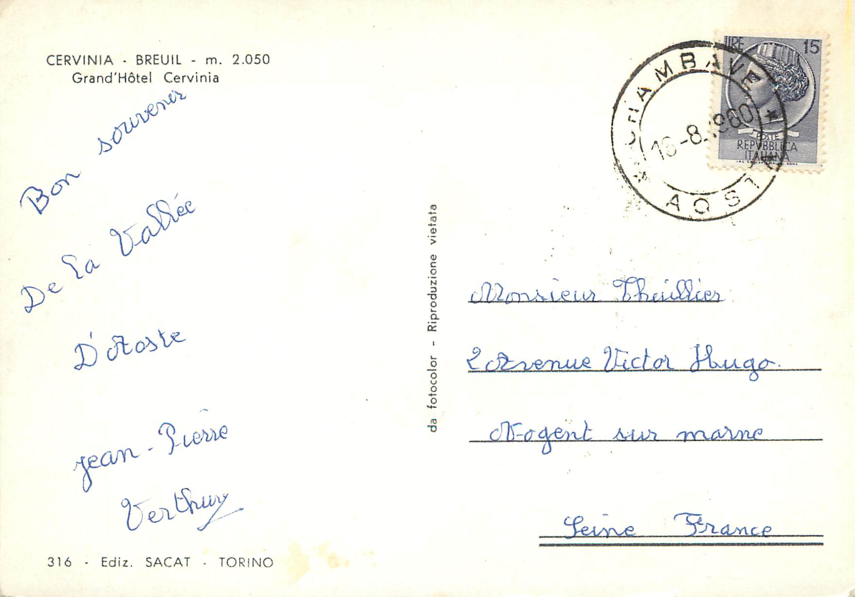 CPM Breuil-Cervinia Vallee d'Aosta Grand Hotel Cervinia — Rückseite