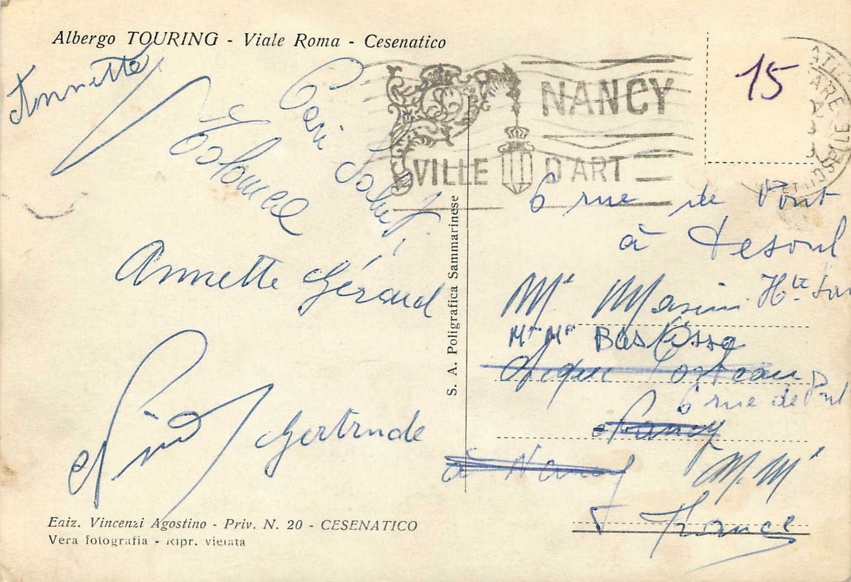 CPM Cesenatico albergo touring viole Roma — Rückseite