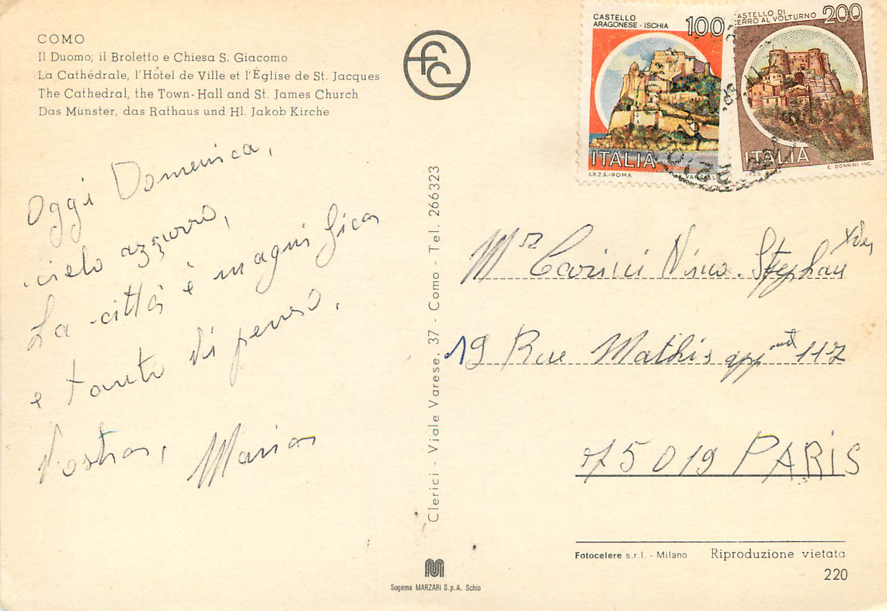 CPM Como la cathedrale l'hotel de ville et l'eglisse de st jacques — Rückseite