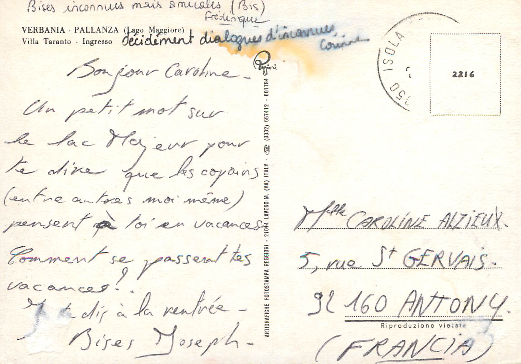 CPM Verbania pallanza (lago maggiore) villa taranto ingreso — Rückseite