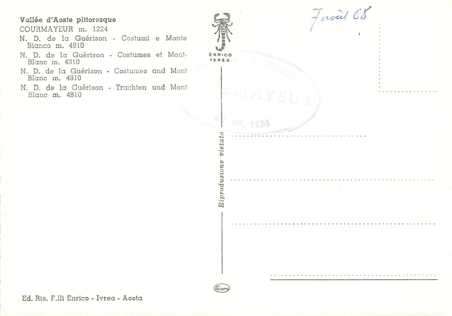 CPM Vallee d'aoste pittoreque Courmayeur m 1224 N D de guerison costumes et mont blanc m 4310 m Folklore — Rückseite