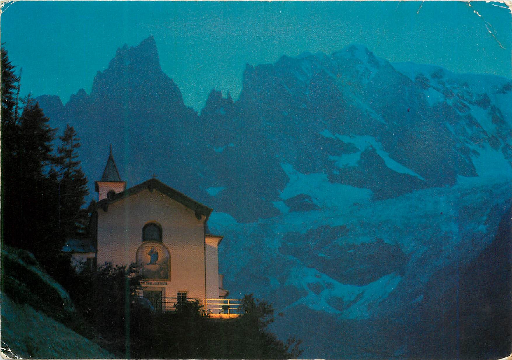 CPM Courmayeur notre dame de la guerison m 1436 m le mt blanc 4810 m et le glaciers de la brenve la nuit