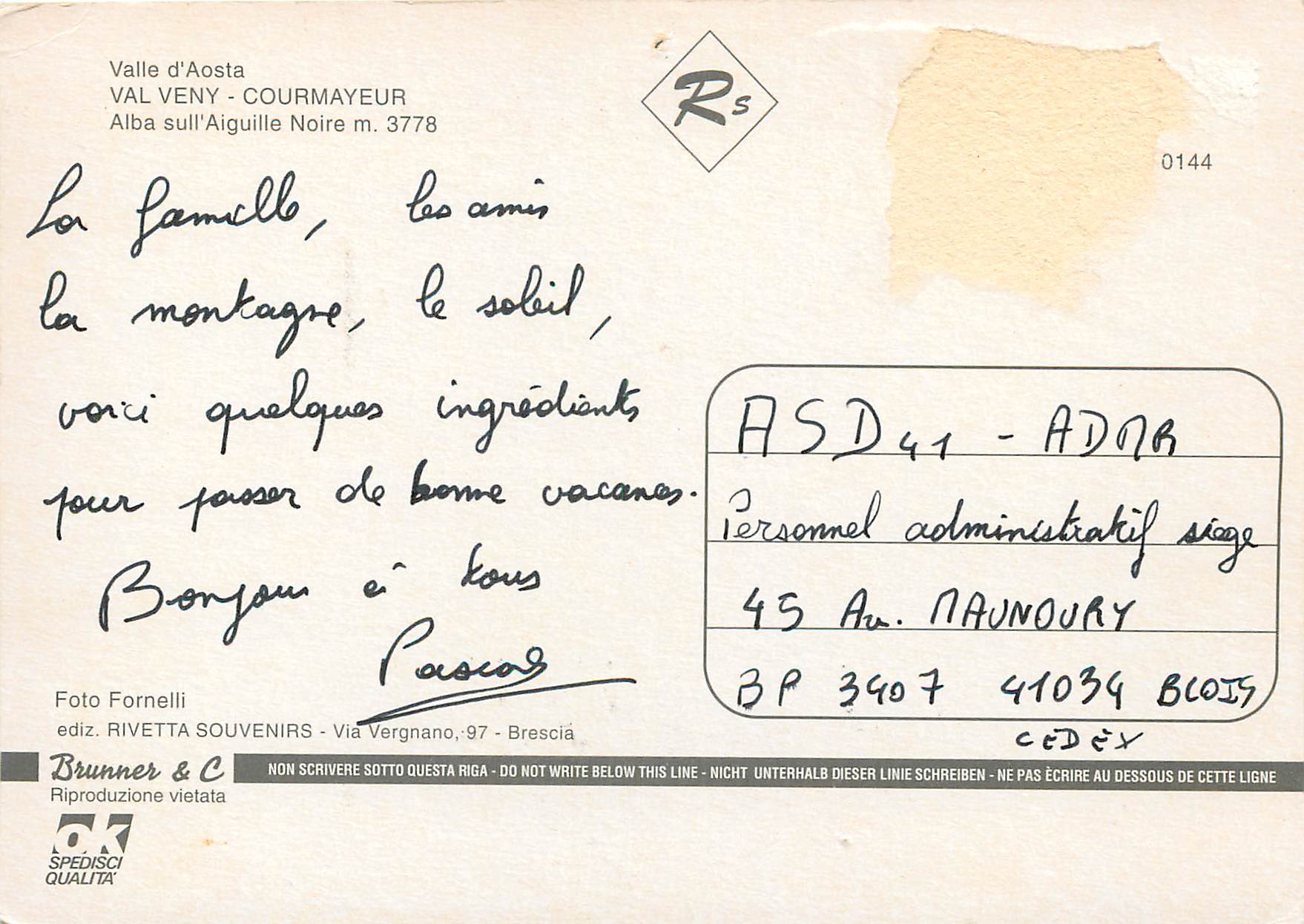CPM Courmayeur valle d'aosta val veny alba sull aiguille noire m 3778 — Rückseite