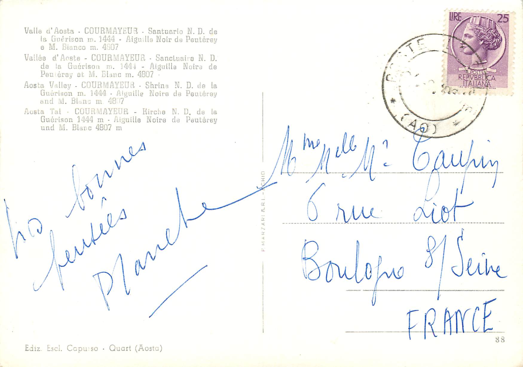 CPM Courmayeur vallee d'aoste sanctuaire N D de la guerison m 1444 auguilla — Rückseite