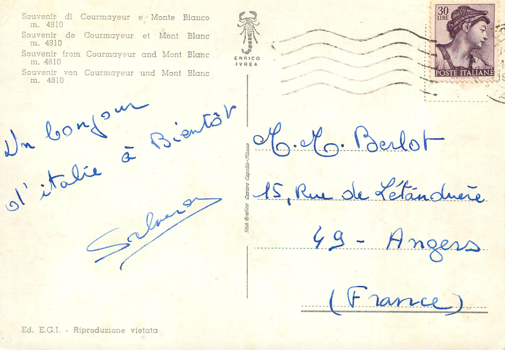 CPM Courmayeur souvenir mont blan m 4810  — Verso