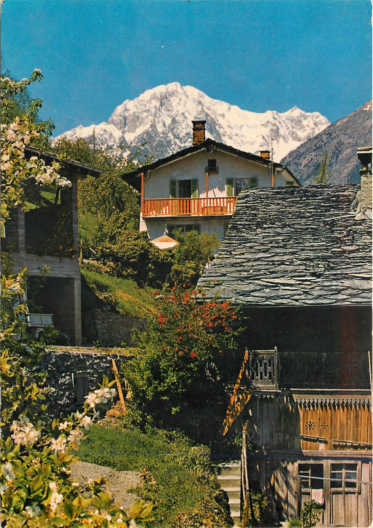 CPM Courmayeur chalets rustiques de la vallee au fond le mont blanc
