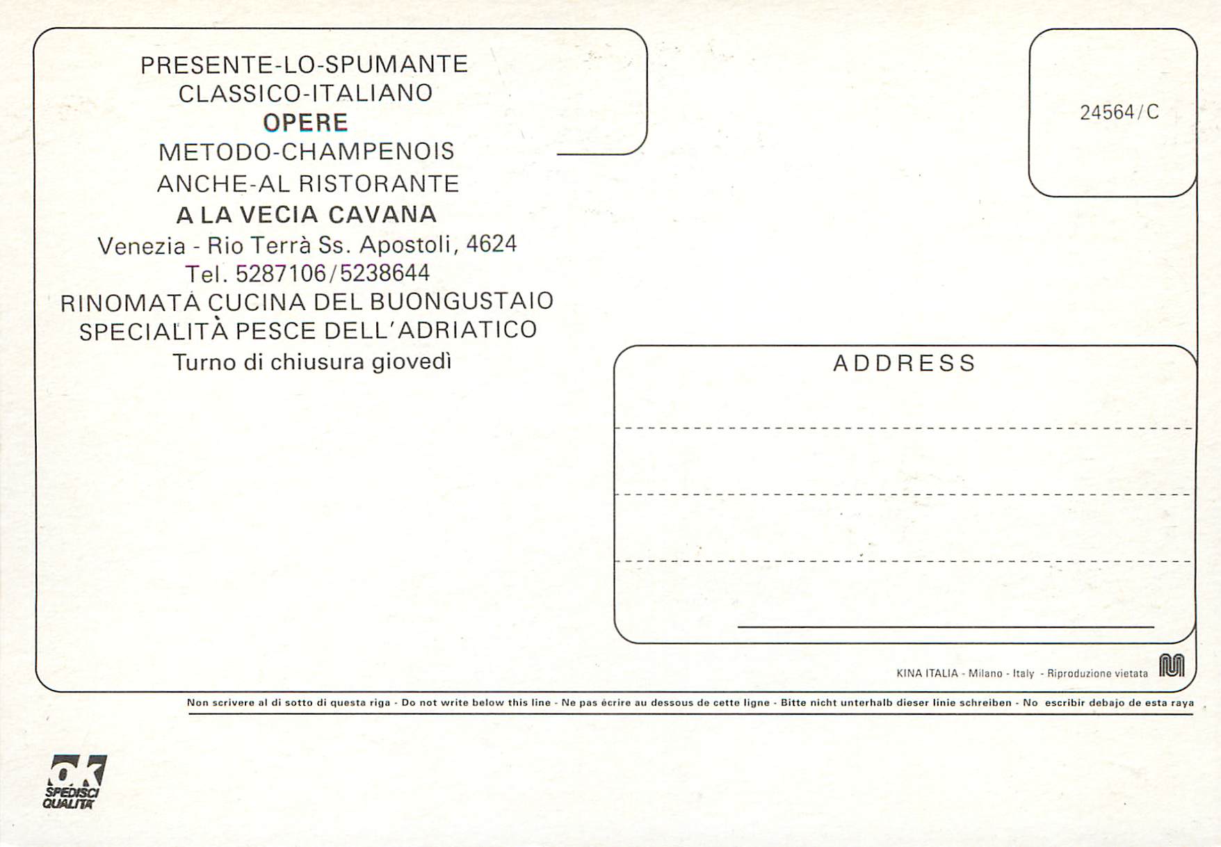 CPM Presente lo spumante classico italiano opere metodo champenois anche al ristorante a la vecia cavana — Rückseite