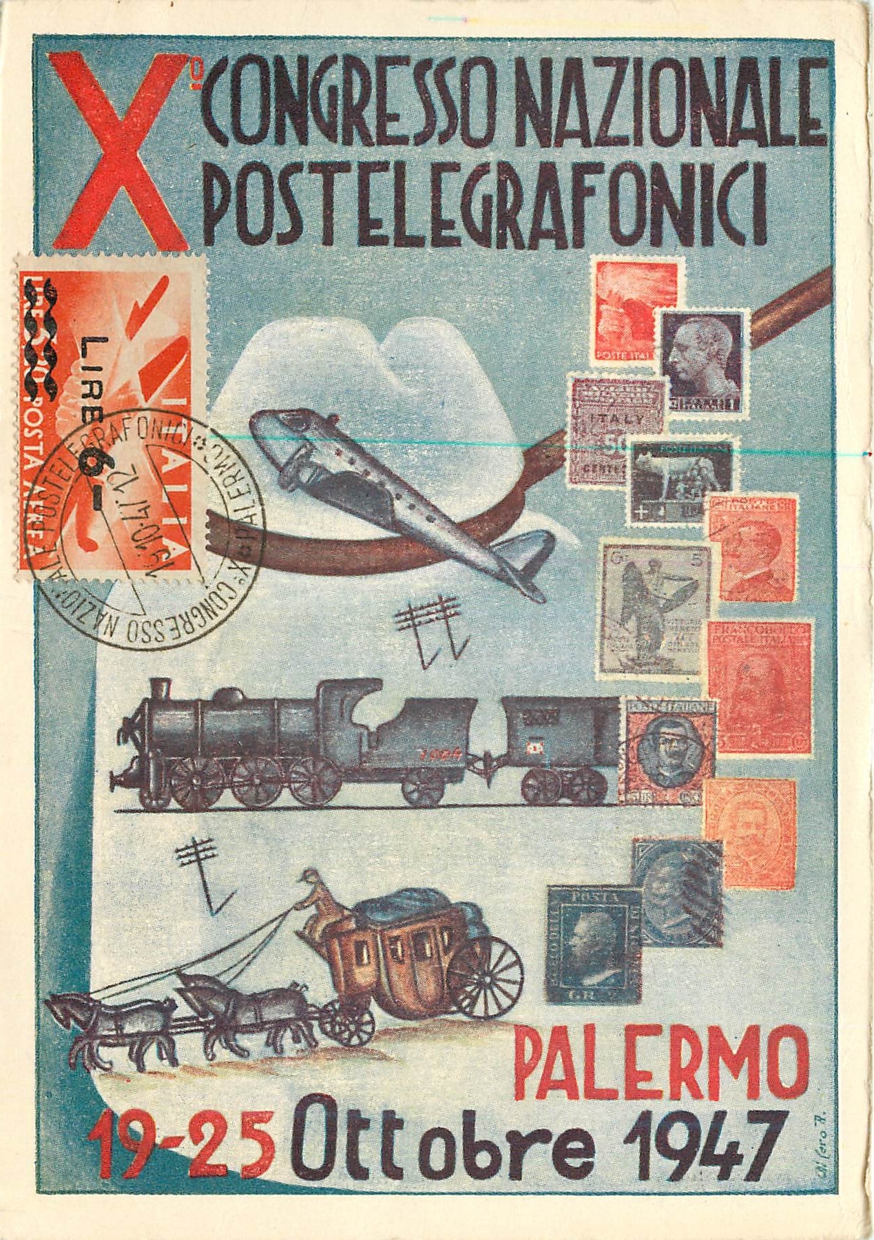 CPM Palermo 1925 oct 1947 Confresso Nazionale Postelegrafonici Timbres Poste