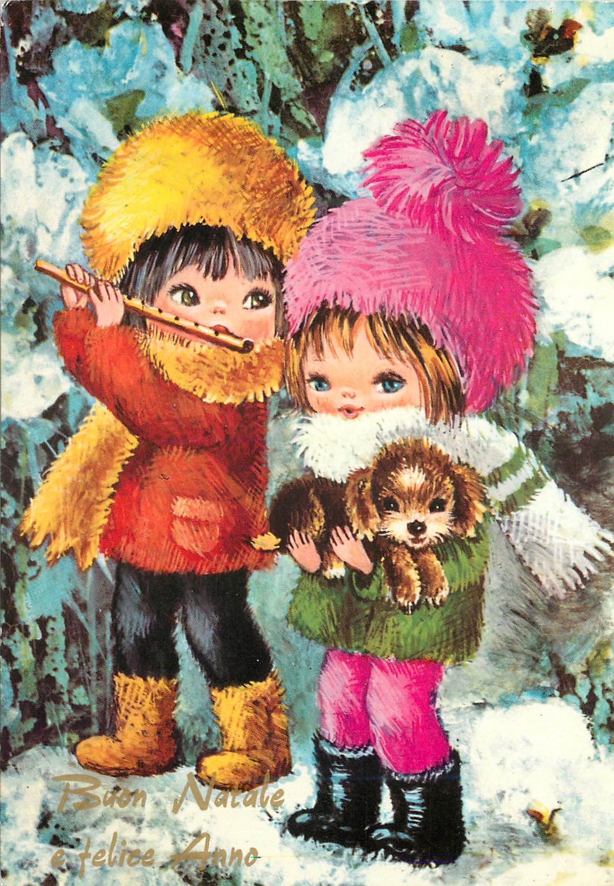 CPM Buon natale e felice anno Enfants Flute
