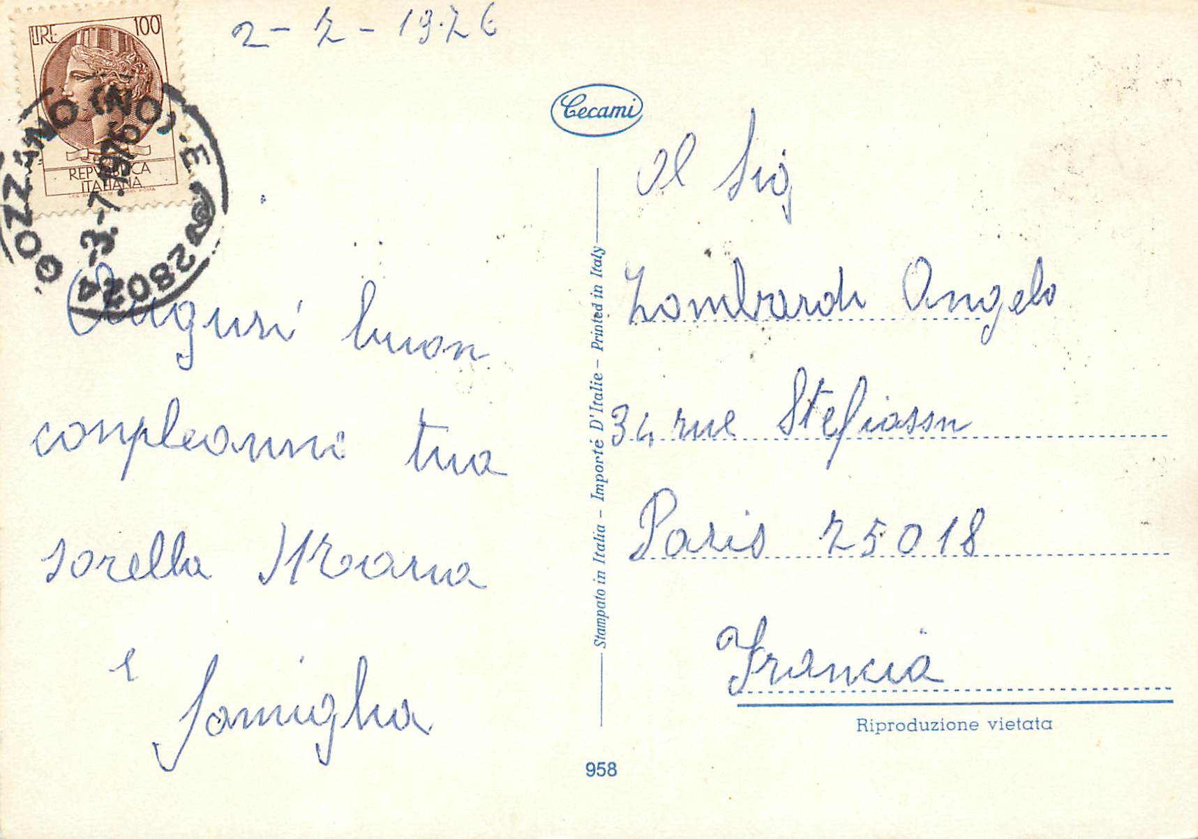 CPM Buon onomastico — Verso