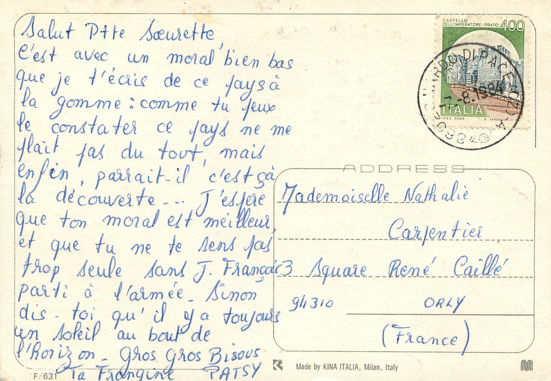 Couple en regardant l'avenir — texte italien — Made by KINA ITALIA, Milan, Italy — Verso