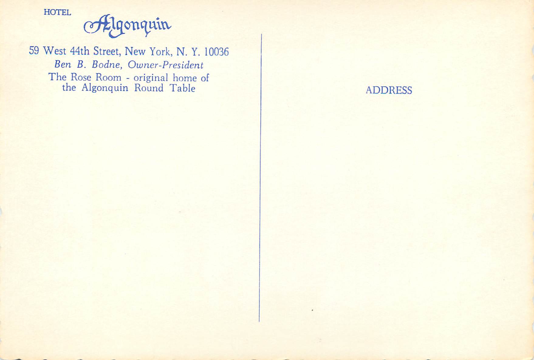 CPM New york city algonquin the rose room original home of the algonquin round table — Back