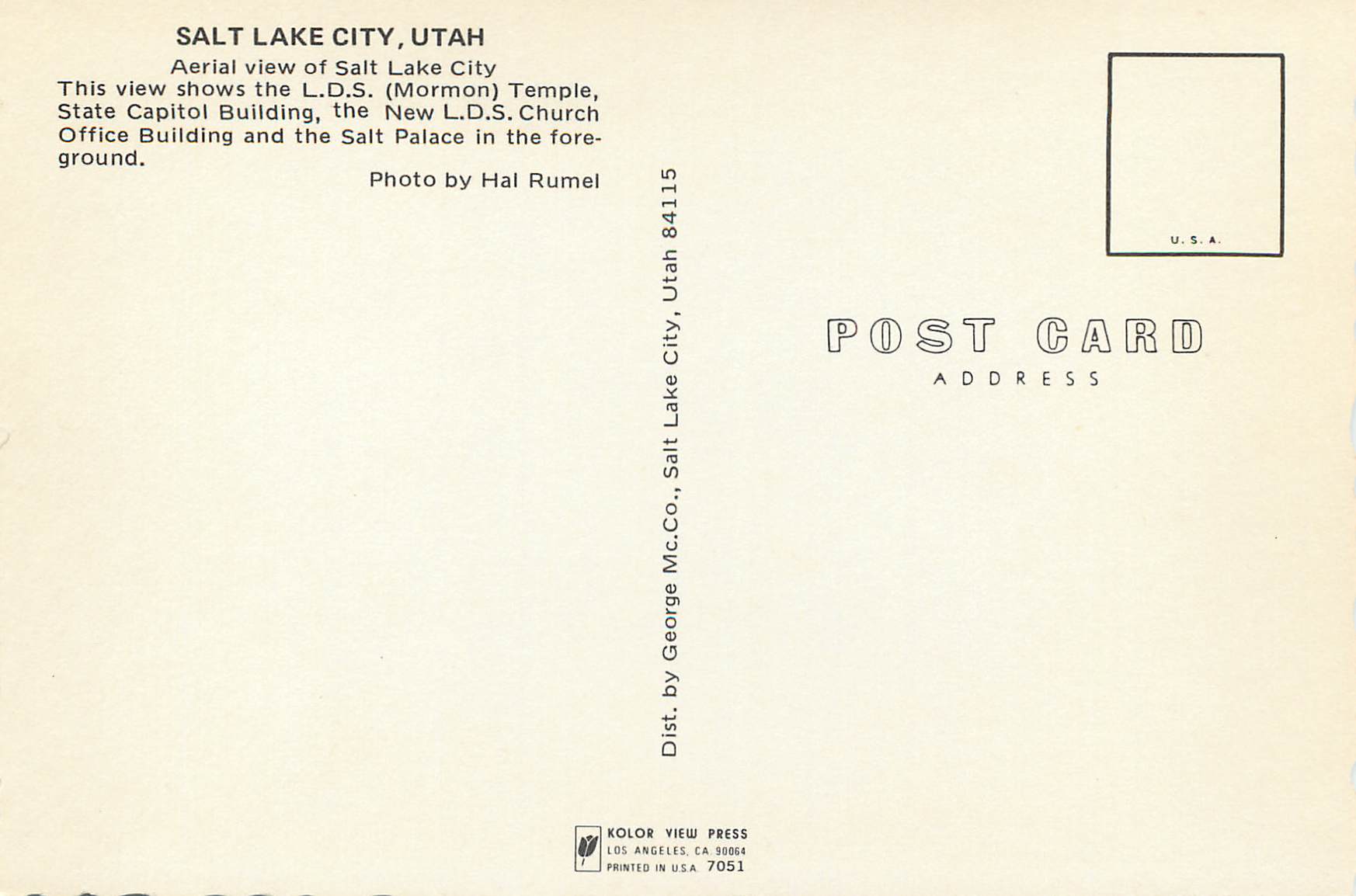 CPM Salt Lake City Utah Aerial view of Salt Lake City — Back