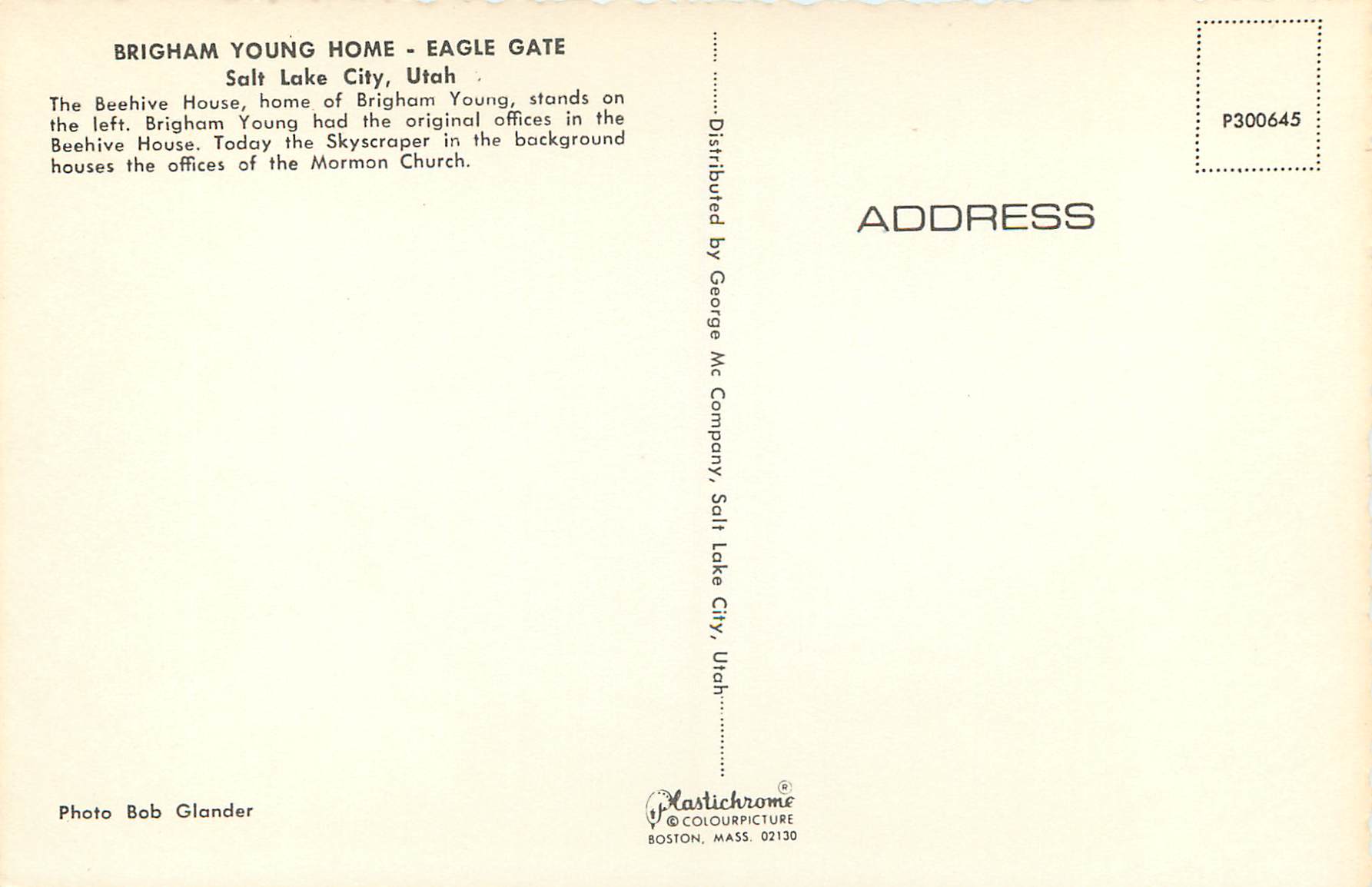CPM Brigham Young Home Eagle Gate Salt Lake City Utah — Back