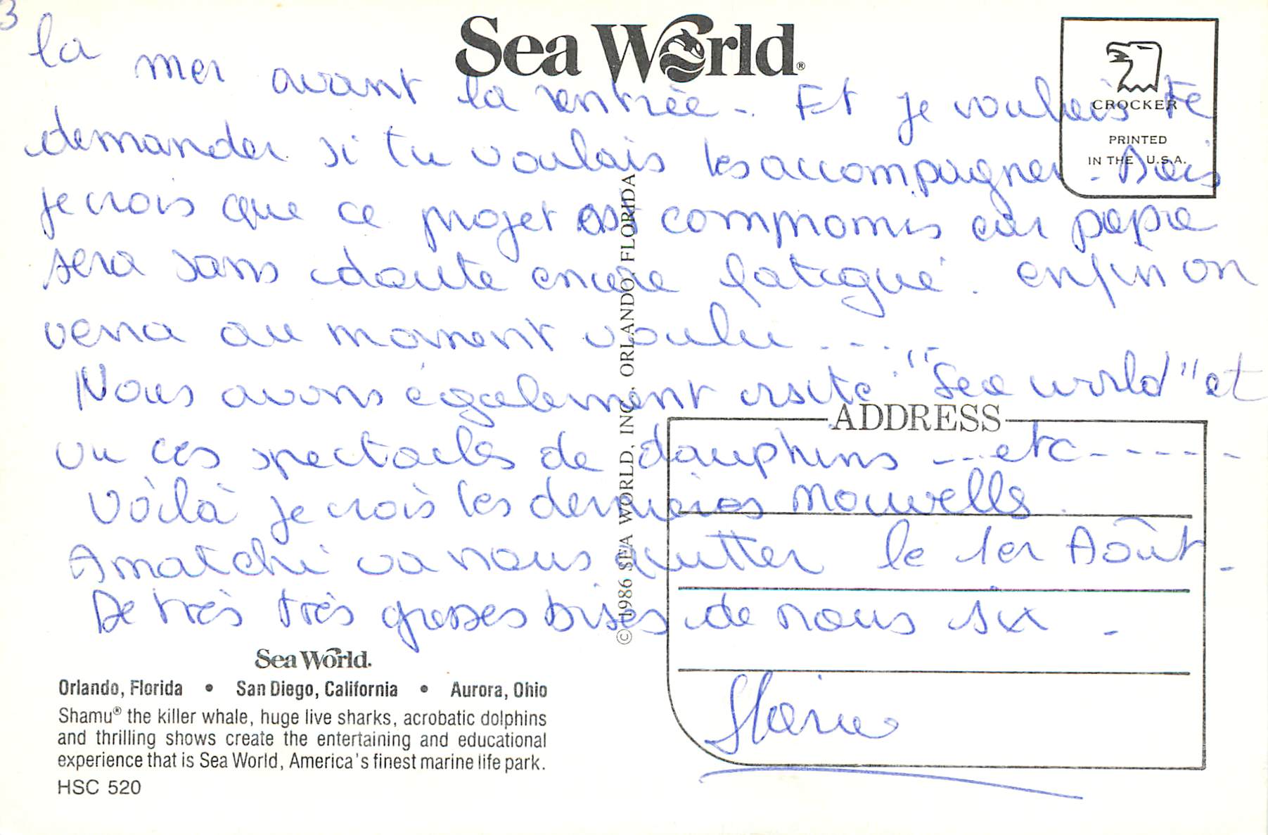 CPM San Diego California Orlando Florida Seaworld Dauphin — Rückseite