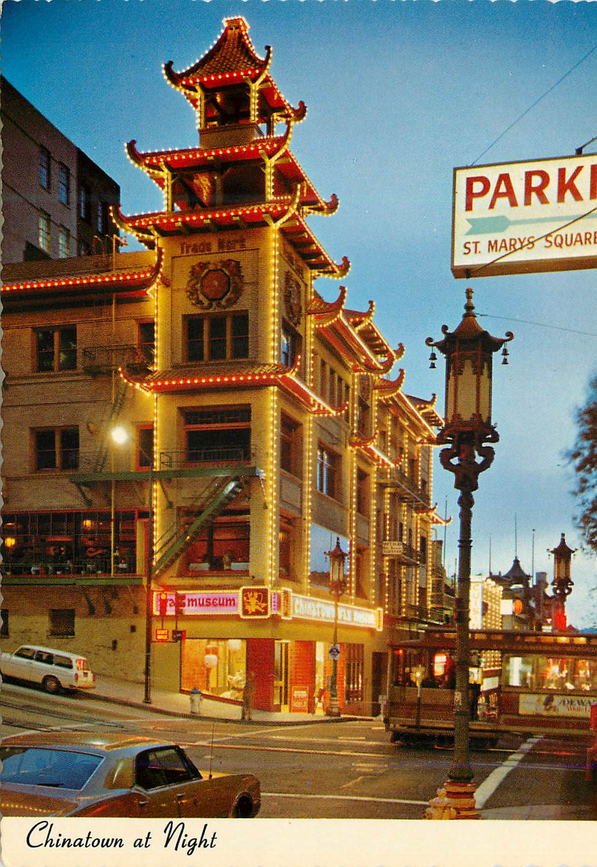CPM San Francisco Chinatown at night Tramway Parking St Marys Square