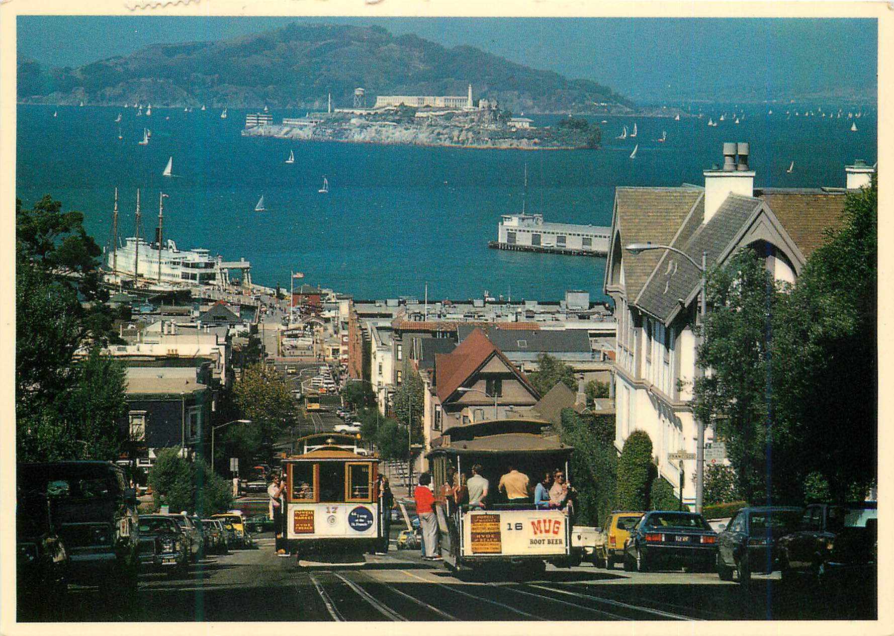 CPM San Francisco Changing cable cars pass one another on steep Hyde Street hill Tramway