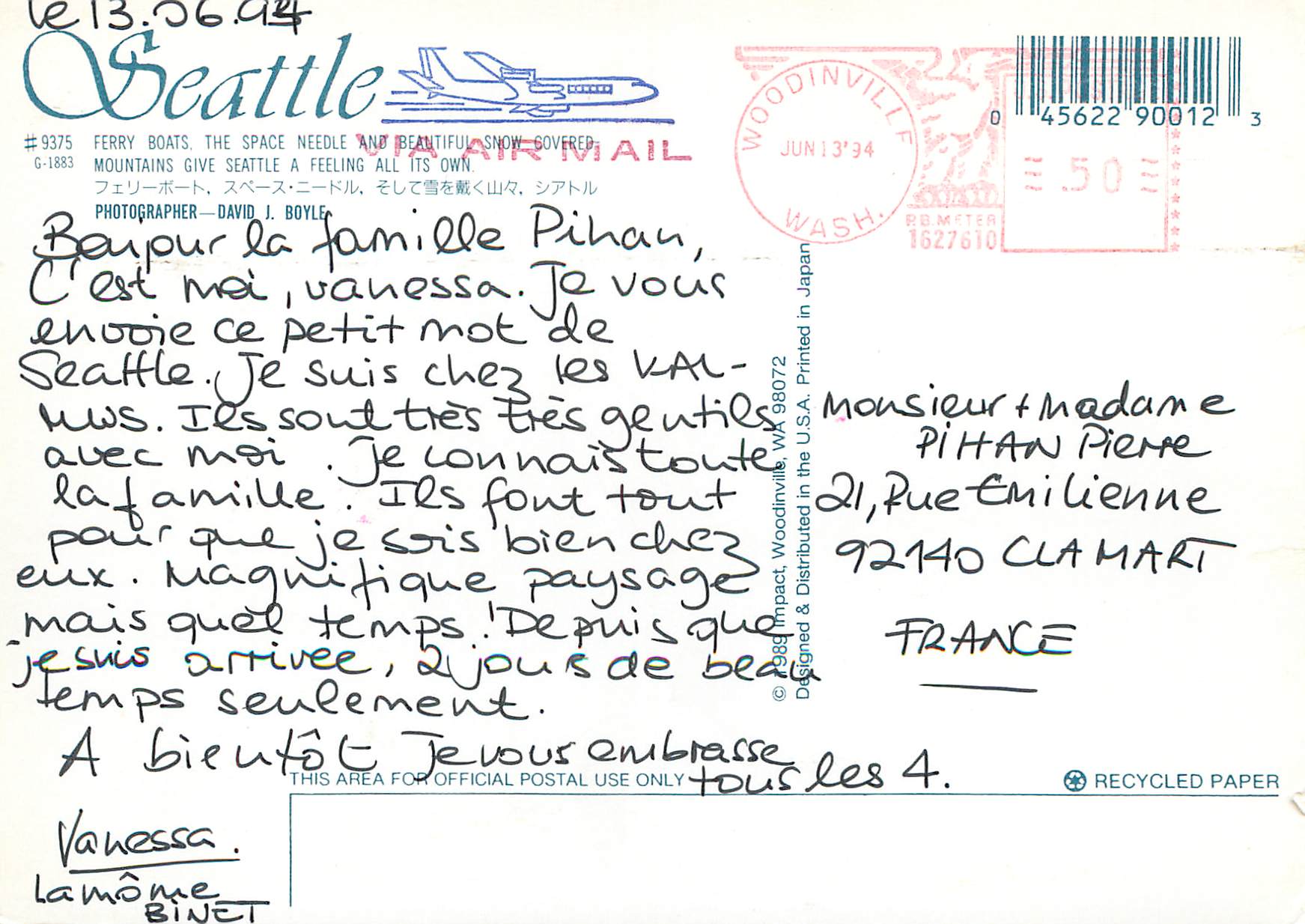 CPM Seattle Washington Bateau — Rückseite