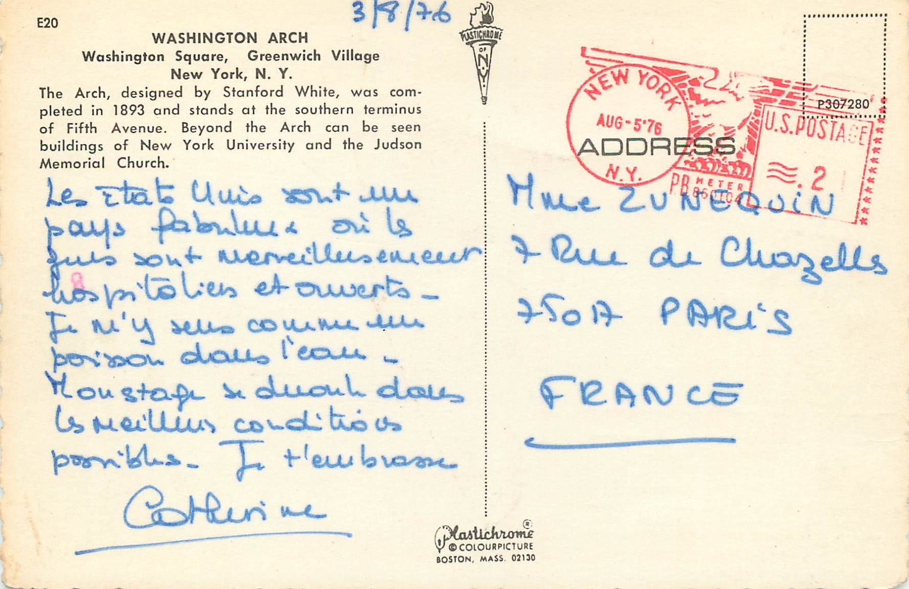 Washington Arch — Greenwich Village, New York — Plastichrome, n° E20 — Verso
