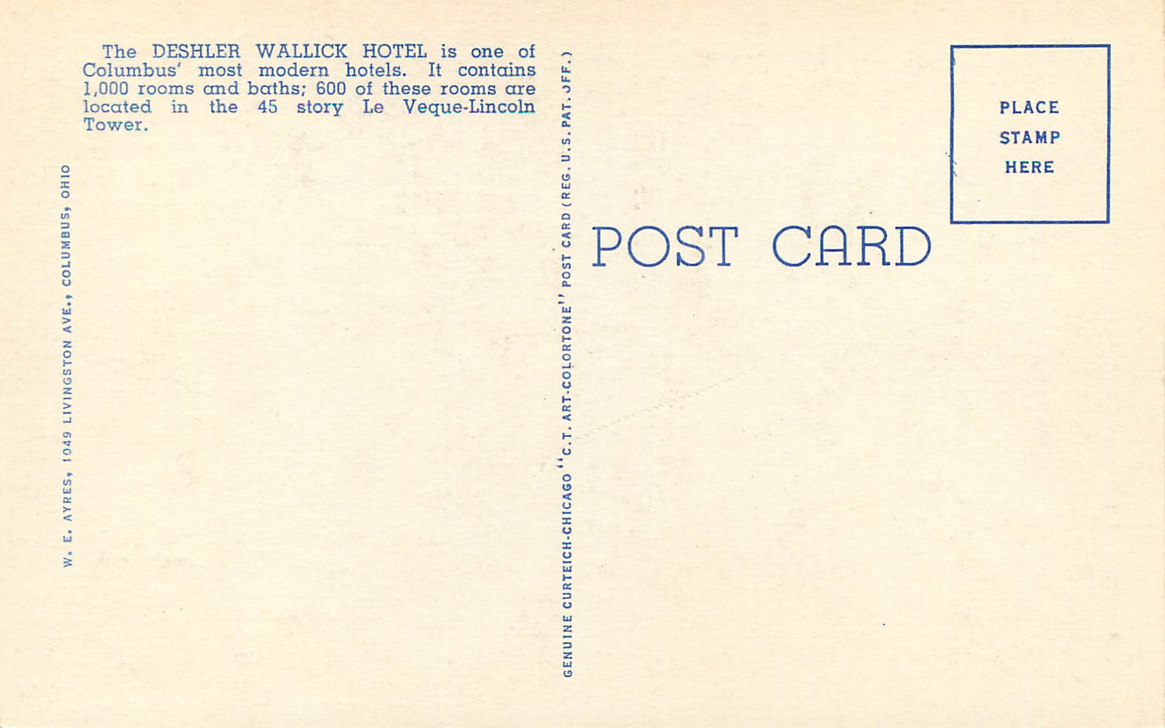 CPA Deshler Wallick Hotel RKO Theatre and Le Veque Lincoln Tower — Rückseite