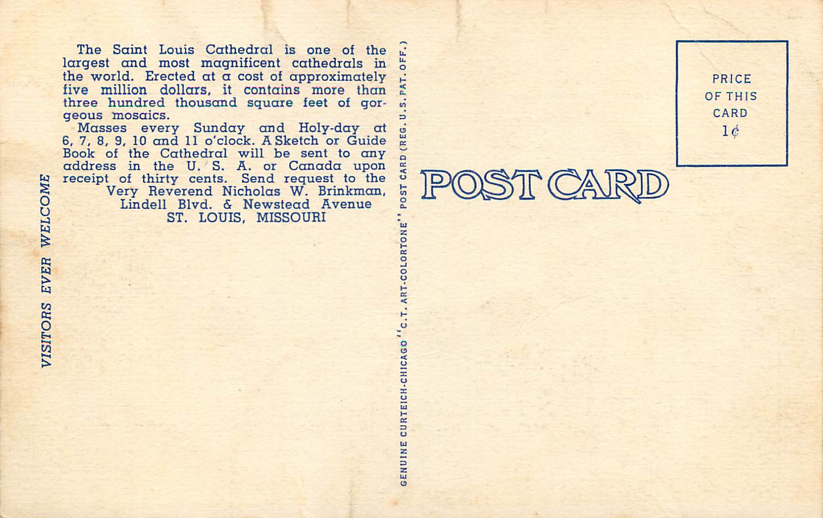 CPA Louis Cathedral  Lindell Blvd and Newstead Ave St Louis Missouri — Rückseite