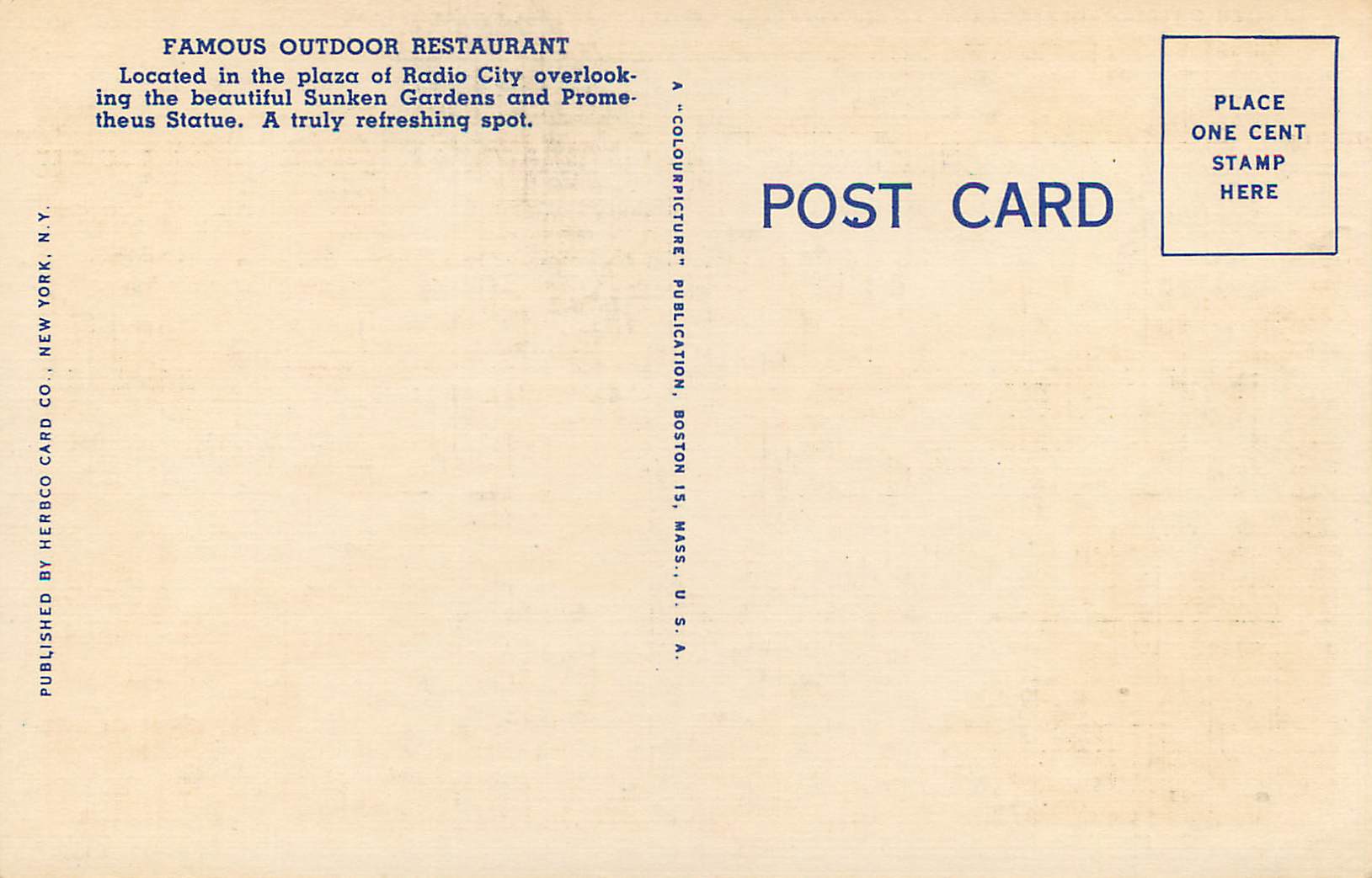 CPA New York Famous Outdoor Restaurant at Rockefeller Center Radio City New York — Rückseite