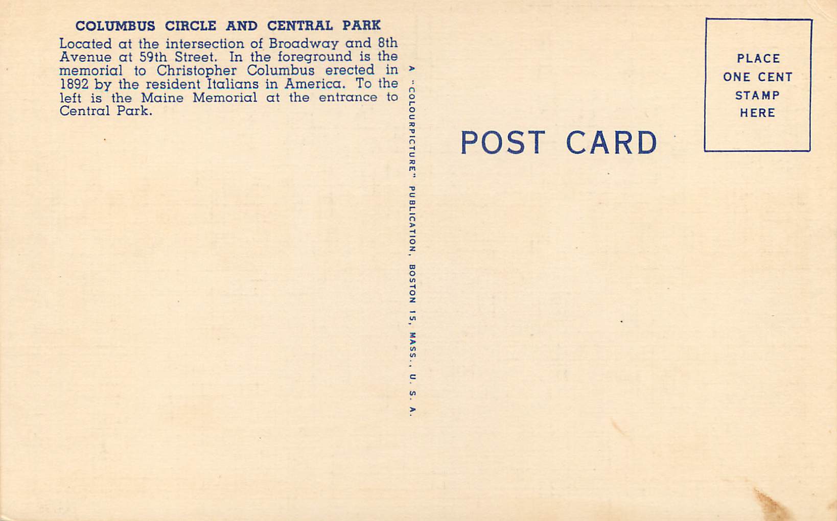 CPA Columbus Circle and Central Park New York City — Rückseite