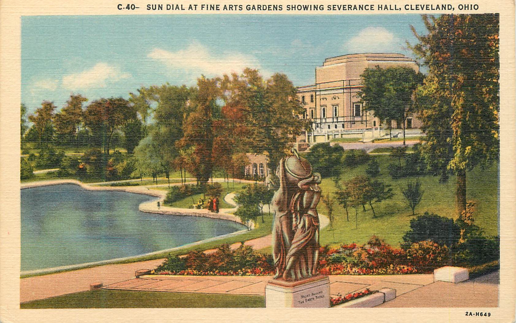 CPA Sun dial at fine arts gardens showing severance hall Cleveland Ohio