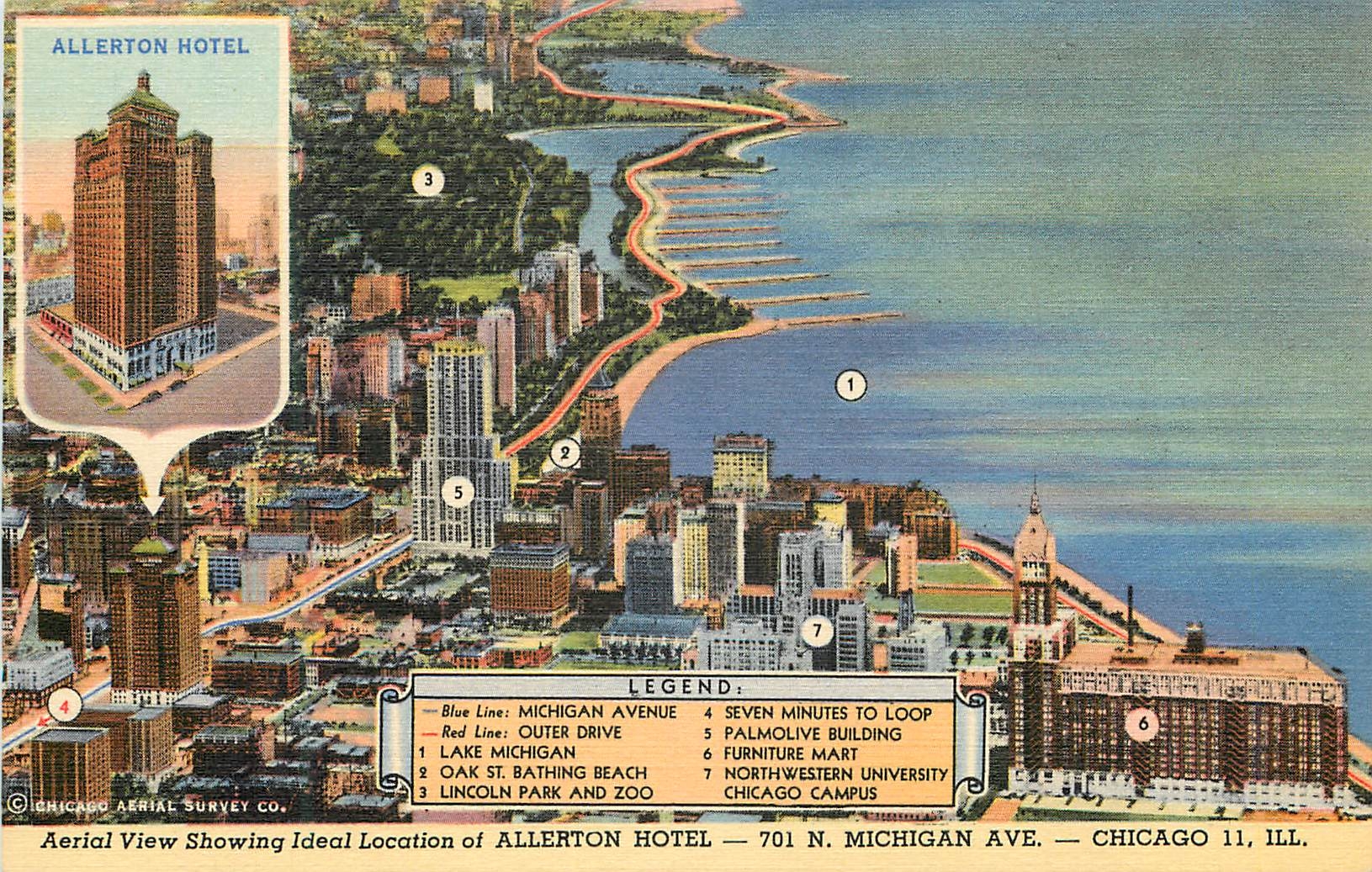CPA Chicago Aerial View Showing Ideal Location of Allerton Hotel
