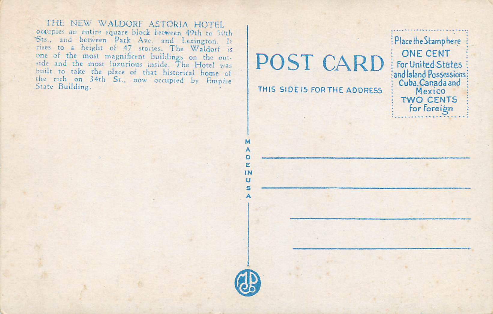 CPA New York Waldorf Astoria — Rückseite