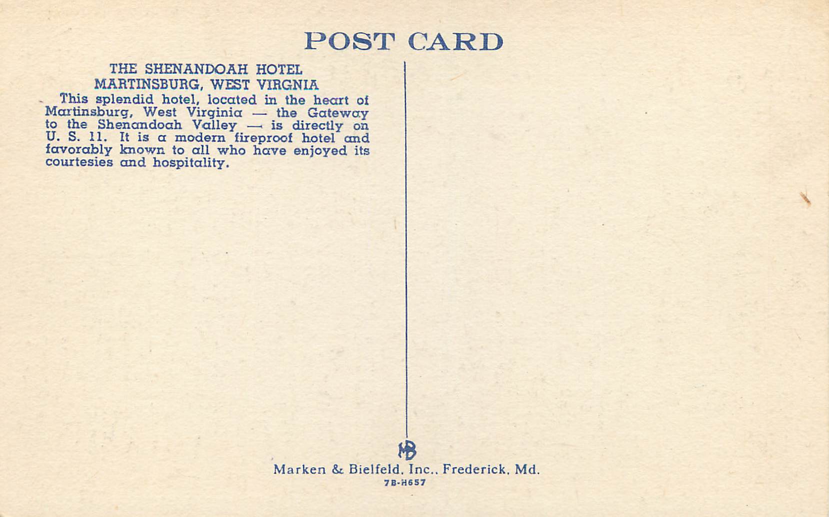 CPA The Shenandoah Hotel Martinsburg — Rückseite